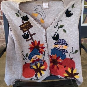 Vintage Beige Fall Pumpkin Patch Vest with Scarecrow Appliqué